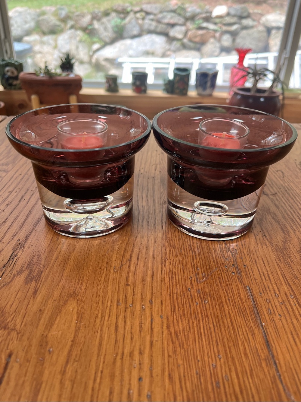 Vintage Krosno Poland Amethyst Glass Votive Candle Holders - Set of 2